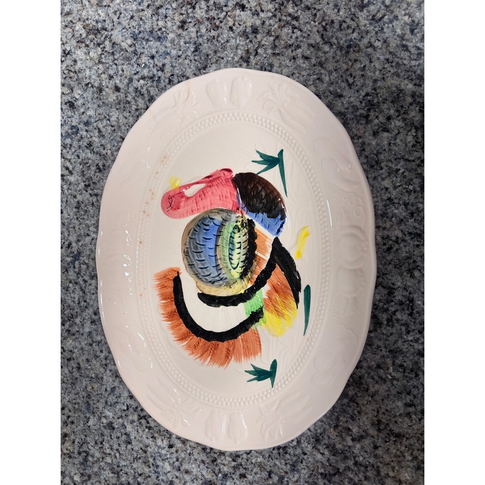 Vintage Hand-Painted Thanksgiving Turkey Platter Serving Platter Japan 16" Farm